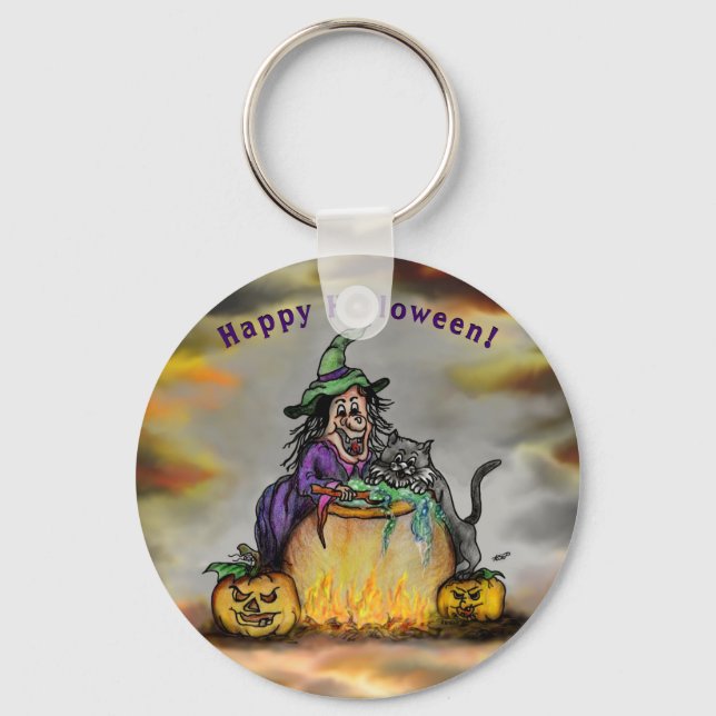 Witch and black Cat, Happy Halloween! Key Ring (Front)