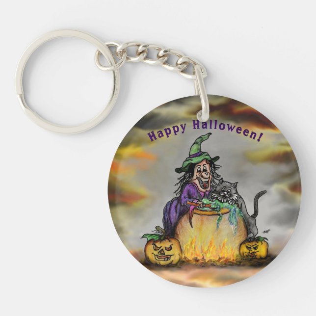 Witch and black Cat, Happy Halloween! Key Ring (Front)