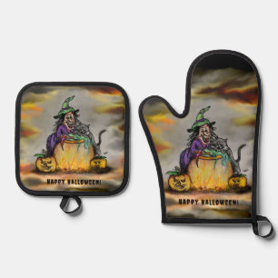 Witch and black Cat, Happy Halloween! Oven Mitt & Pot Holder Set