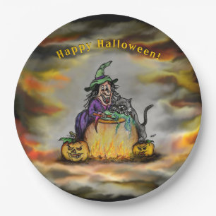 Witch and black Cat, Happy Halloween! Paper Plate