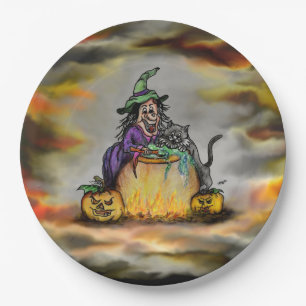 Witch and black Cat, Happy Halloween! Paper Plate