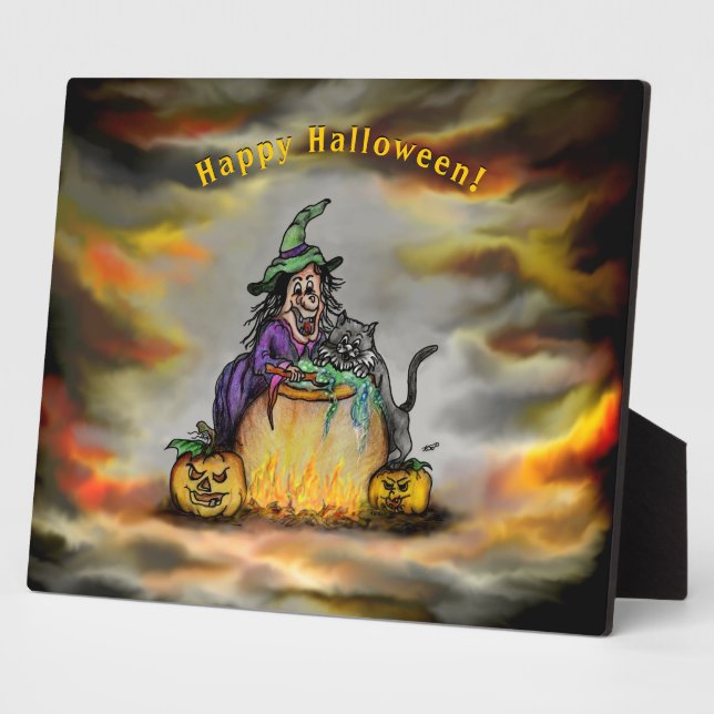 Witch and black Cat, Happy Halloween! Plaque (Side)