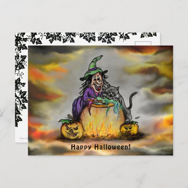 Witch and black Cat, Happy Halloween! Postcard (Front/Back)