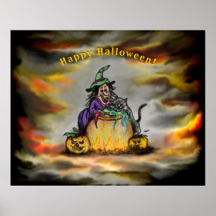 Witch and black Cat, Happy Halloween! Poster