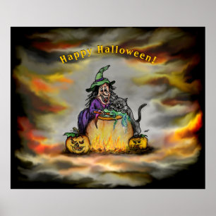 Witch and black Cat, Happy Halloween! Poster
