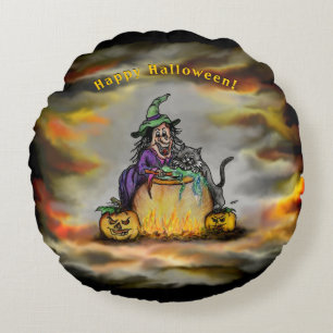 Witch and black Cat, Happy Halloween! Round Cushion
