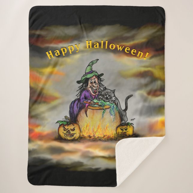 Witch and black Cat, Happy Halloween! Sherpa Blanket (Front)