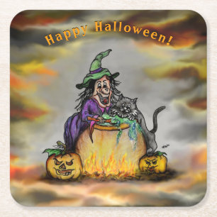 Witch and black Cat, Happy Halloween! Square Paper Coaster