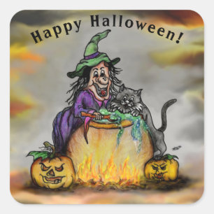 Witch and black Cat, Happy Halloween! Square Sticker
