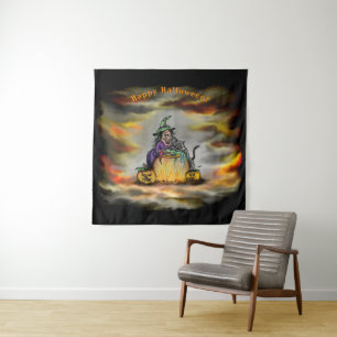 Witch and black Cat, Happy Halloween! Tapestry