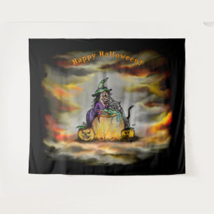 Witch and black Cat, Happy Halloween! Tapestry