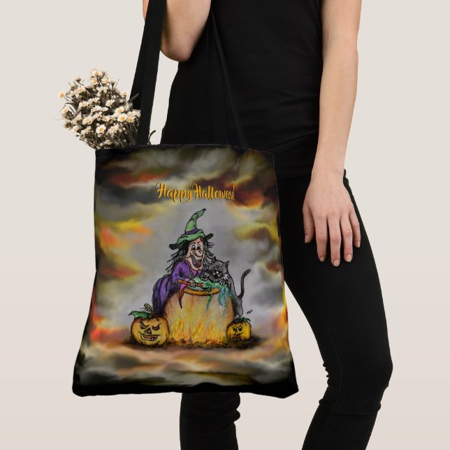 Witch and black Cat, Happy Halloween! Tote Bag (Close Up)