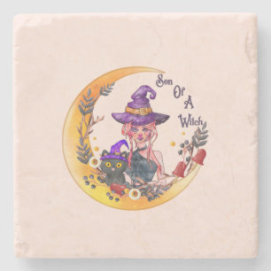 Witch and Black Cat Stone Coaster