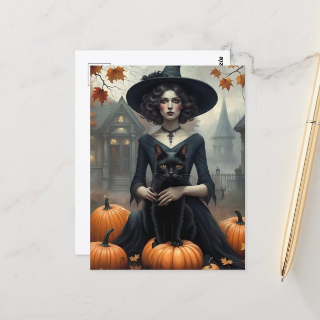 Witch and Black Cat With Pumpkins Postcard (Front/Back In Situ)