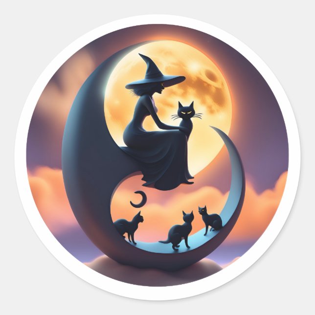 Witch and Black Cats Classic Round Sticker (Front)