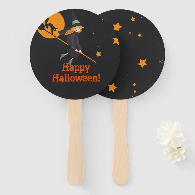 witch and cat  Halloween Hand Fan (Front and Back)
