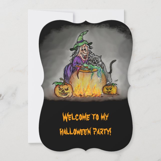 Witch and cat, Happy Halloween! Invitation (Front)