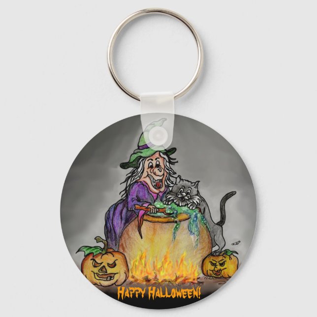 Witch and cat, Happy Halloween! Key Ring (Front)
