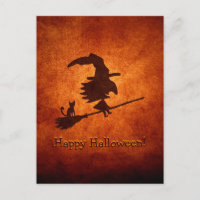 Witch and Cat Silhouette Flying on Broomstick