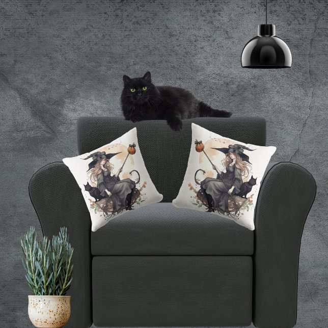 Witch and Cat with Harvest Moon and Ravens Cushion (Cute witch with black cat Halloween themed throw pillows. )