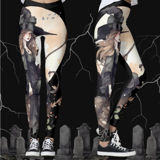 Witch and Cat with Harvest Moon and Ravens Leggings (Cute witchy vibes on leggings for the Halloween holidays and trick or treating.  Great costume too! )
