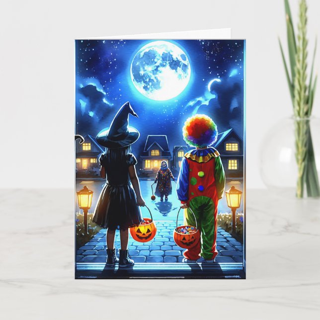 Witch and Clown looking at a Monster Halloween Card (Front)