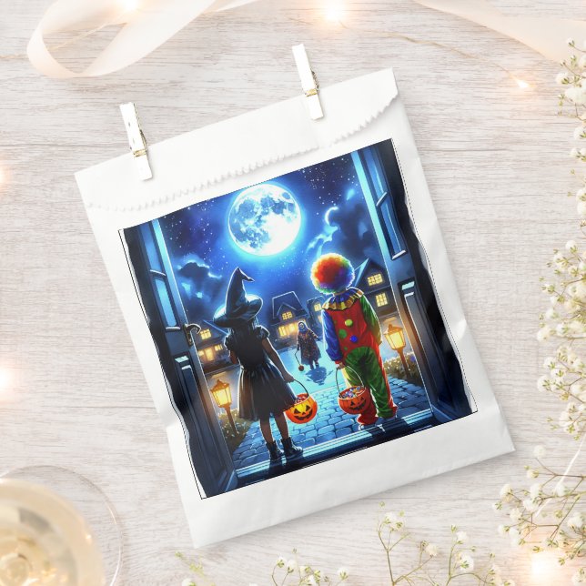 Witch and Clown looking at a Monster Halloween Favour Bag (Clipped)