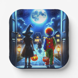 Witch and Clown looking at a Monster Halloween Paper Plate