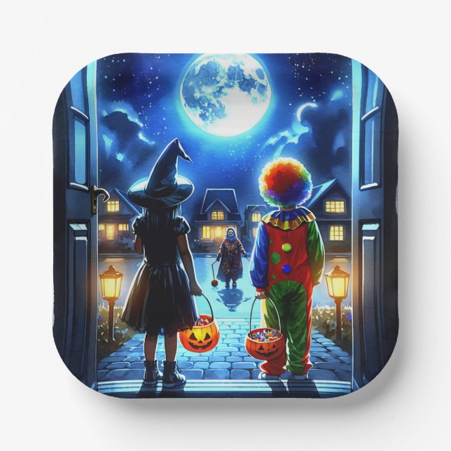 Witch and Clown looking at a Monster Halloween Paper Plate (Front)