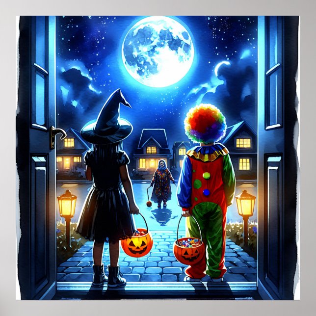 Witch and Clown looking at a Monster Halloween Poster (Front)