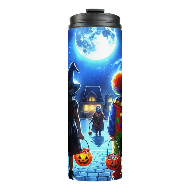 Witch and Clown looking at a Monster Halloween Thermal Tumbler (Front)