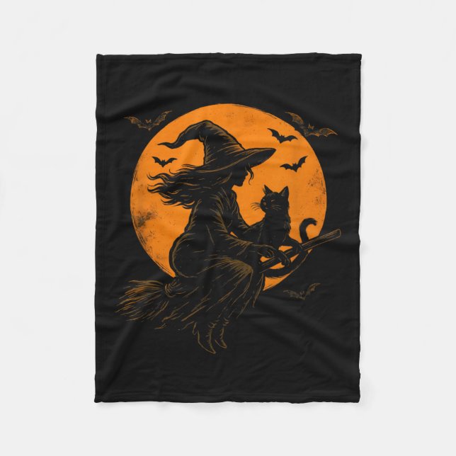 Witch And Cute Cat Black Kitten For Halloween Cost Fleece Blanket (Front)