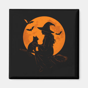 Witch And Cute Cat Black Kitten For Halloween Magnet