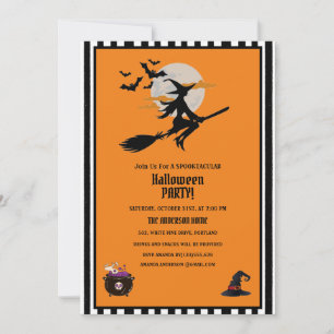 Witch and Flying Bats Orange Halloween Party Invitation