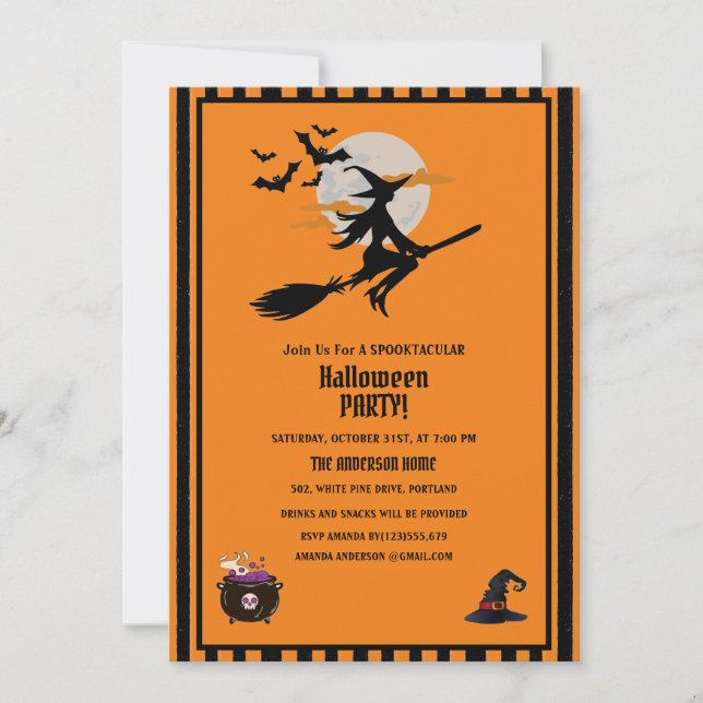 Witch and Flying Bats Orange Halloween Party  Invitation (Front)