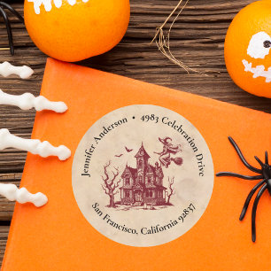 Witch and Haunted House Halloween Return Address Classic Round Sticker