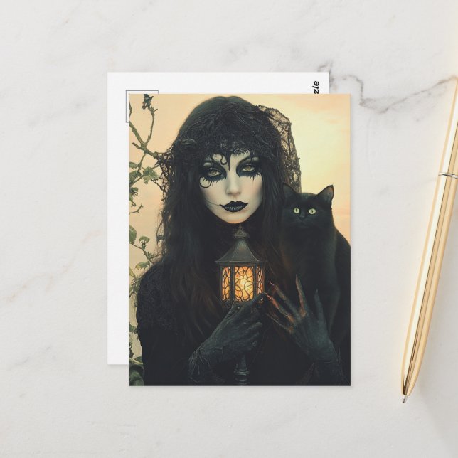 Witch and Her Black Cat Postcard (Front/Back In Situ)