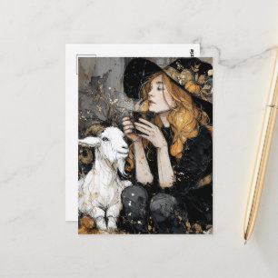 Witch and Her Goat Morning Coffee Postcard