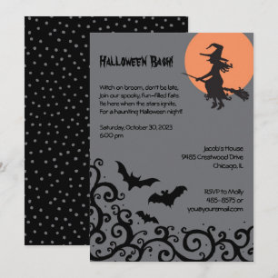 Witch and Moon Halloween Adult Costume Party Bats  Invitation