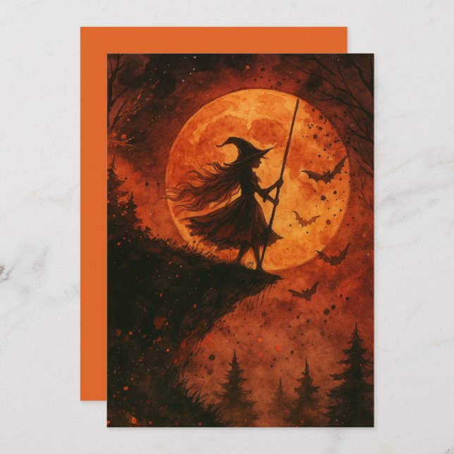 Witch and Moonlight Cliff | Spooky Halloween Card (Front/Back)