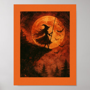 Witch and Moonlight Cliff Spooky Halloween Poster