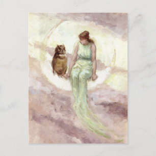 Witch and Owl on the Moon Vintage Watercolor Postcard