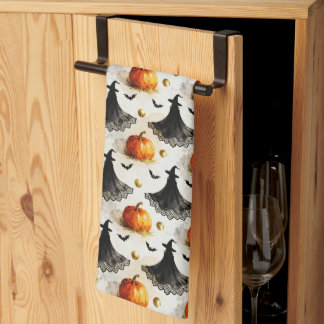 Witch and Pumpkins Halloween Tea Towel