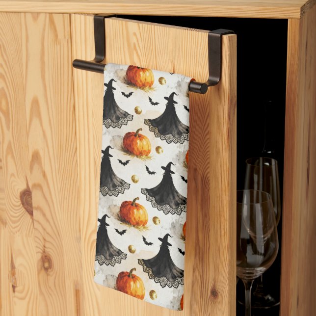 Witch and Pumpkins Halloween Tea Towel (Thirds Fold)