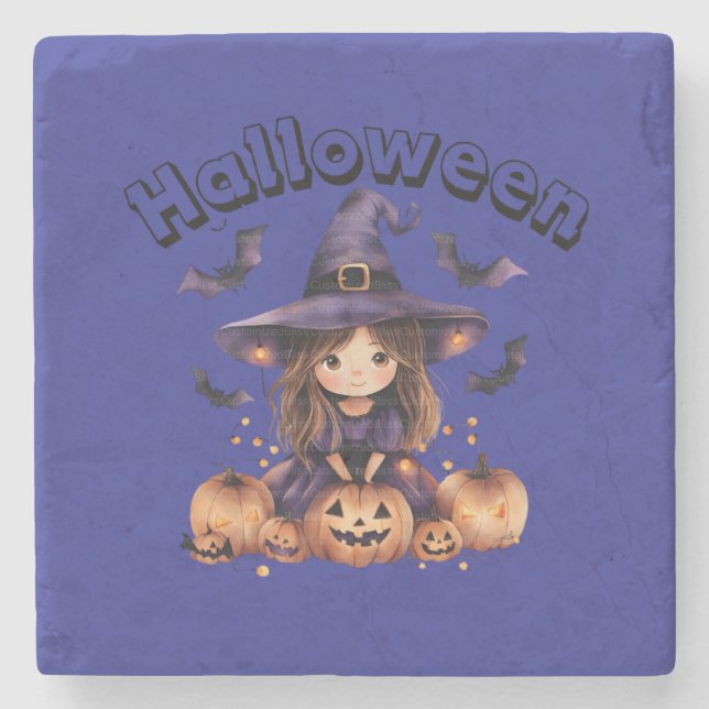 Witch and Pumpkins Halloween Wall Clock Stone Coaster (Front)