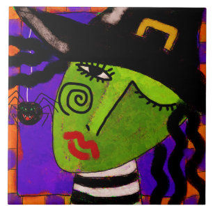 Witch and Spider Abstract Halloween Art Ceramic Tile
