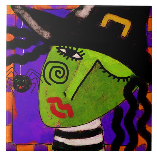 Witch and Spider Abstract Halloween Art Ceramic Tile (Front)