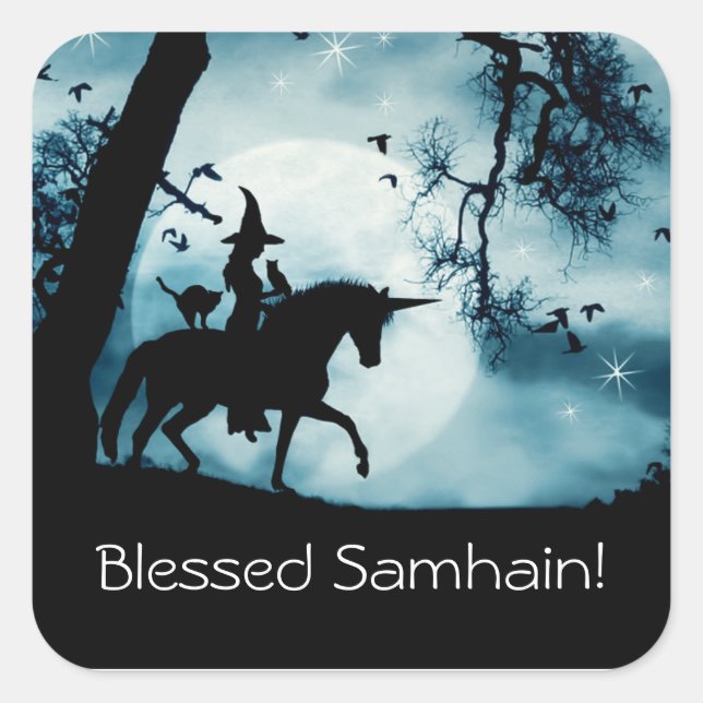 Witch and Unicorn with Blessed Samhain  Square Sticker (Front)
