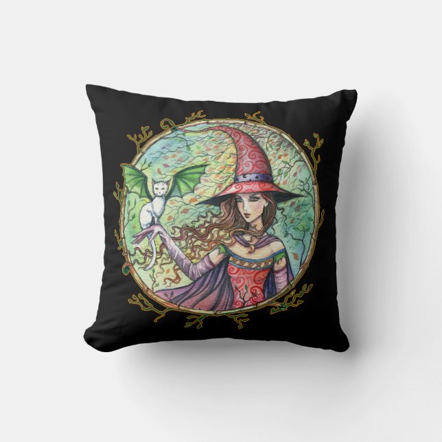 Witch and Winged Cat Throw Pillow (Front)