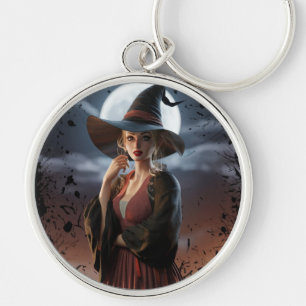 Witch Art Full Moon Coaster Key Ring